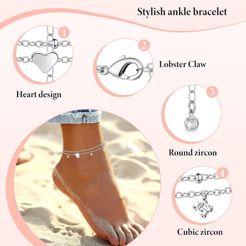 Anklet Bracelets for Women, Layered Heart Ankle Bracelet Silver Plated Cubic Zirconia & Heart Charm Anklets for Women, Summer Foot Jewelry Anklets...