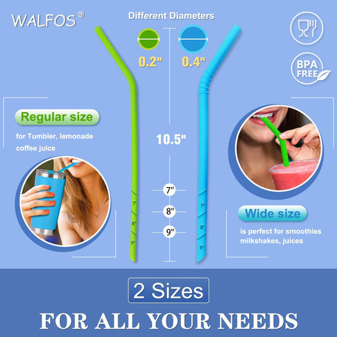 Walfos Reusable Silicone Straw - 2 Size Flexible Drinking Bendy Straws for Smoothies/20 & 30 oz Tumblers, BPA Free (4 Wide Straws + 4 Regular Stra...