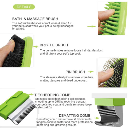 5 in 1 Pet Grooming Kit Dog Brush & Cat Brush Set 2 Sided Detachable Dematting Deshedding Comb for Stubborn Mats & Tangles,Hair Removing,Bath&Mass...