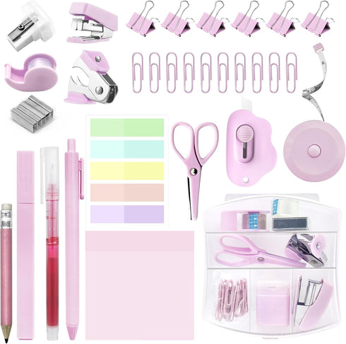 Mini Office Supply Kit, Pink Mini Stapler with Staples and Tape Dispenser Set, Mini Stationary Kit includes Sticky Notes Index Tabs Highlighters G...