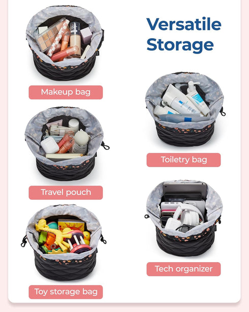 BAGSMART Barrel Drawstring Makeup Bag, Travel Toiletry Bag, Large Cosmetic Bag, Portable Make Up Bags for Women Toiletries Accessories Brush, Blac...