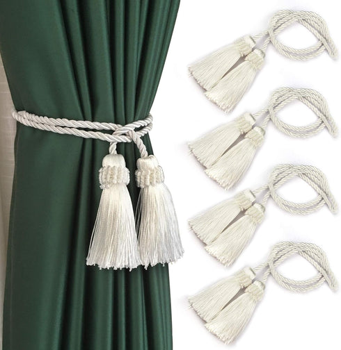 Fenghuangwu Curtain Tiebacks Handmade Decorative Curtain Holdbacks Rope with Tassel (White, 4P)...