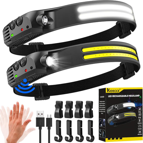 Headlamp Rechargeable,2 Pack 230° Wide Beam Head Lamp,2000 Lumen Super Bright LED Headlamp with Motion Sensor,Waterproof 0.14lb Lightweight Head L...