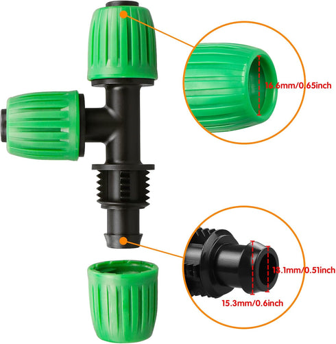 Drip Irrigation Fittings for 1/2 inch Tubing (0.60"-0.63" OD), 12 Pieces Barbed Tee Drip Parts Locked Tee Connectors, 3 Way Drip Line Nuts Connect...