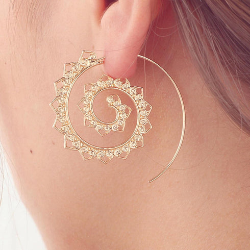 Boho Spiral Earrings Vintage Vortex Gear Earrings Gold Circles Tribal Earrings Exaggerated Hoop Earrings Indian Swirl Earrings Jewelry for Women...