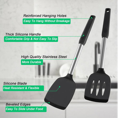 2 pack silicone spatula set,Solid & Slotted spatulas silicone heat resistant,turner spatulas for kitchen use,Rubber Spatulas for Fish, Eggs, Panca...