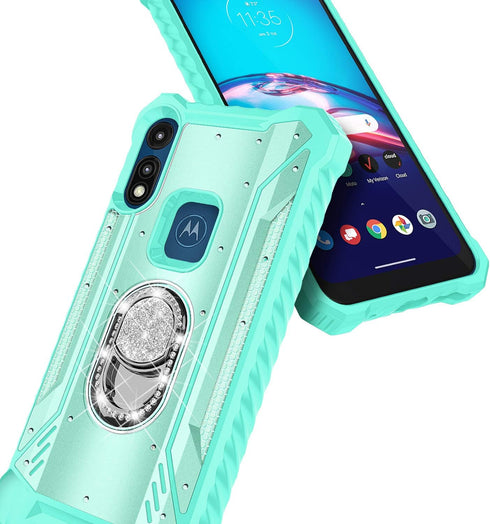 Moto E 2020 Case with Screen Protector (Tempered Glass Full Coverage), Aluminum Magnetic Metal Built-in Diamond Ring Holder Stand, Full-Body Prote...