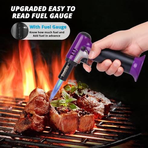 Sondiko Butane Torch with Fuel Gauge S907, Refillable Soldering Torch Lighter with Adjustable Flame for Welding, Resin Art, Industrial, Purple & B...
