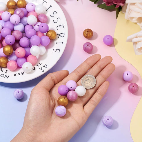 Beadthoven 80pcs 15mm Purple Silicone Beads 8 Colors Silicone Beads for Keychain Making DIY Necklace Bracelet Beads Set Bulk Round Ball Round Rubb...