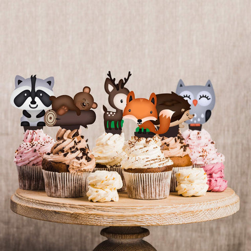 Pretty Cute Studios 48 Count Woodland Animals Cupcake and Cake Toppers – Includes 8 Owls, 8 Teddy Bears, 8 Raccoons, 8 Hedgehogs, 8 Foxes, and 8 R...