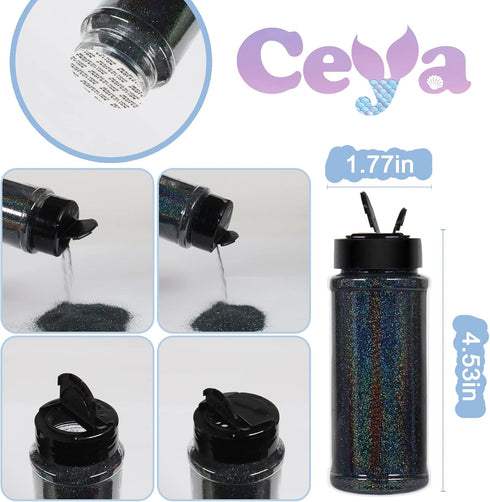 Ceya 3.5oz/ 100g Holographic Ultra Fine Glitter Powder Laser Black Glitter 1/128” 0.008” 0.2mm for Slime Epoxy Resin Craft Tumbler Jewelry Nail Ar...