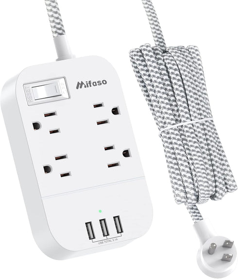 Power Strip Long Extension Cord - 10Ft Braided Extension Cord with Flat Plug, 4 Outlets and 3 USB Charging Ports, Overload Protection and Wall Mou...