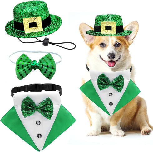 3Pack St.Patrick's Day Dog Costume Puppy Bandana Top Hat Green Shamrock Bow Tie Collar Adjustable Pet Scarf Formal Tux Clothes Irish Tuxedo Outfit...