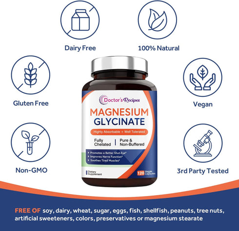 Doctor’s Recipes Magnesium Glycinate, 70 mg Elemental Magnesium, Chelated & Non Buffered, Highly Absorbable, for Kids & Adults, for Relaxation & S...