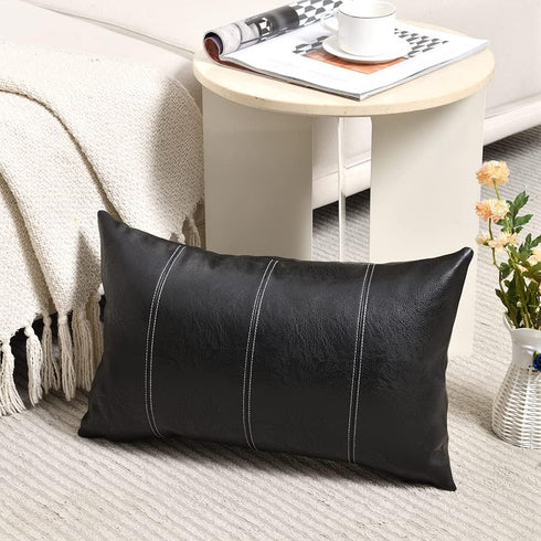 Fancy Homi 2 Packs Black Long Lumbar Faux Leather Decorative Throw Pillow Covers 16x24 Inch for Living Room Couch Bed Sofa, Boho Farmhouse Home De...