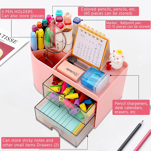 Cute Pen Organizer with Drawer, Multi-Functional Small Desktop Accessories Organizers, Pencil Holder for Desk Office Art Supplies (Rounded Desk Or...