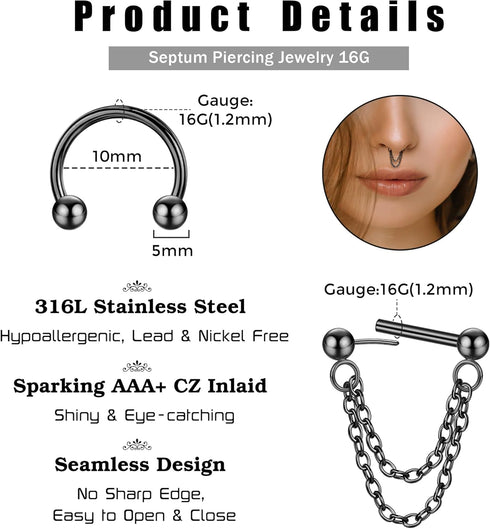 Besteel 20PCS Septum Rings 16G Hypoallergenic Surgical Steel Hinged Clicker Nose Rings Hoops for Women Men Cute CZ Dangle Horseshoe Lip Helix Trag...