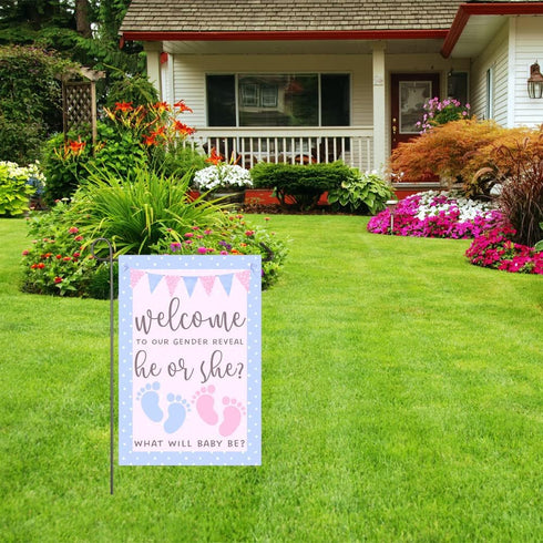 He or She Garden Flag 12x18" Double Sided Pink and Blue Flag Gender Reveal Yard Flag Boy or Girl Baby Footprint Welcome Banner Pregnancy Announcem...