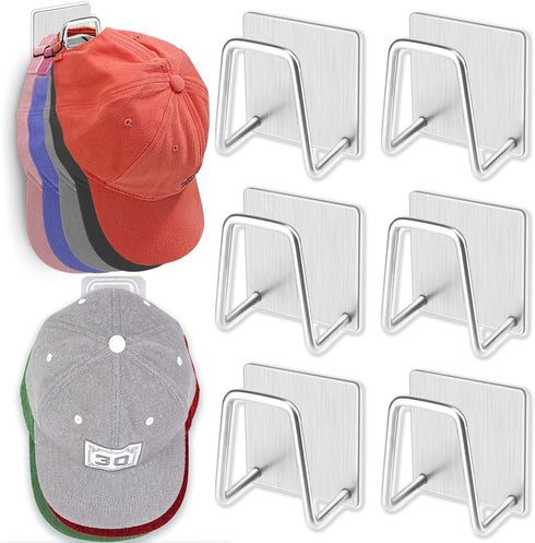Hat Rack for Wall Hat Organizer (6-Pack), Metal Hat Racks for Baseball Caps, Adhesive Hat Hooks for Wall, No Drilling Hat Hangers for Closet Hat H...