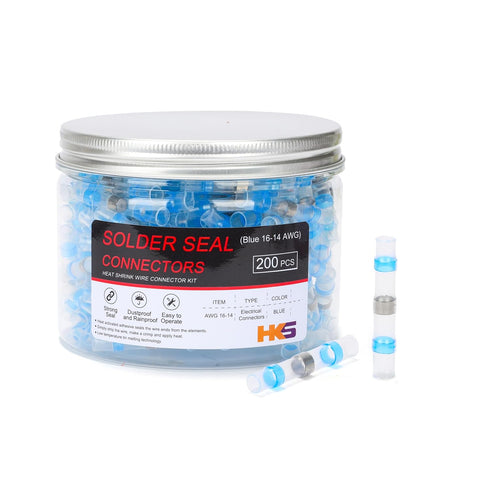 HKS 200 PCS Solder Seal Wire Connectors - Blue 16-14 AWG - Heat Shrink Solder Butt Connectors - Automotive Marine Boat Crimp - Waterproof and Insu...