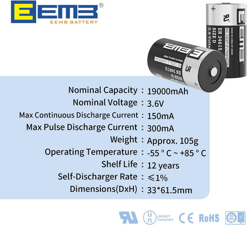 EEMB ER34615 D Cell Batteries 3.6V Lithium Battery 19Ah Li-SOCL? Non-Rechargeable Battery LS-33600 SB-D02 XL-205F for CNC Machine Tool, Injection ...