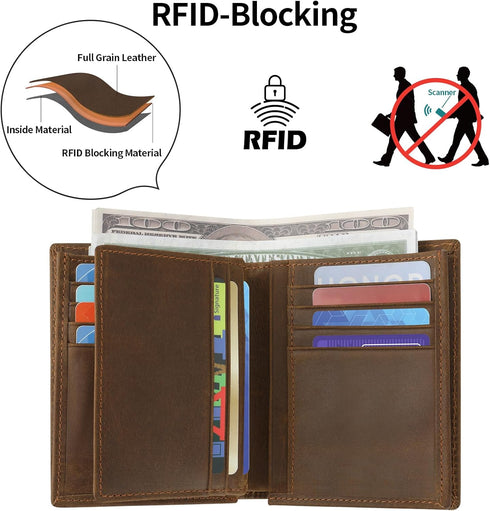 Ringsun Full Grain Leather RFID Blocking Bifold Wallet for Men with ID Window Slim Wallet with 11 Card Slots...