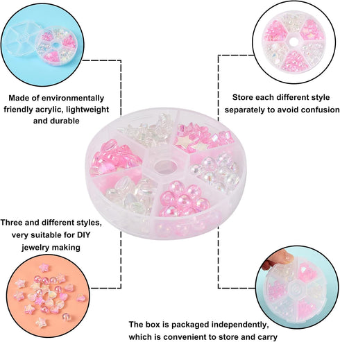 Cheriswelry 110pcs Crystal AB Acrylic Star Heart Beads Pink Clear Plastic Round Ball Loose Beads Spacers Set for DIY Rainbow Bracelet Keychain Jew...