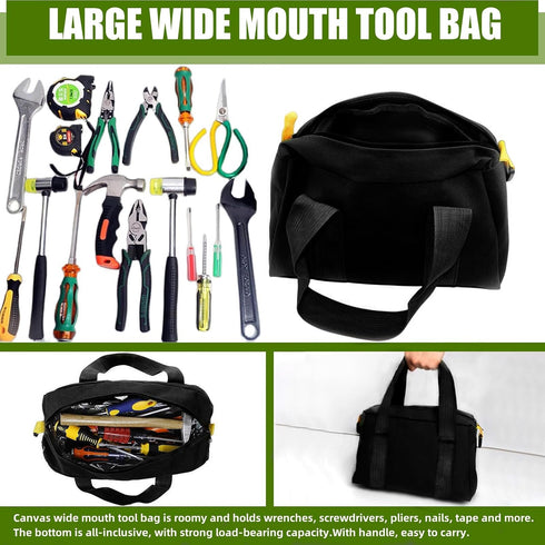 16 Inch Wide Mouth Tool Bag, Canvas Tool Storage Bag for Men, Large Capacity Handbag, Multi-function Tool Organizer Tote Bag for Storage Wrenches ...