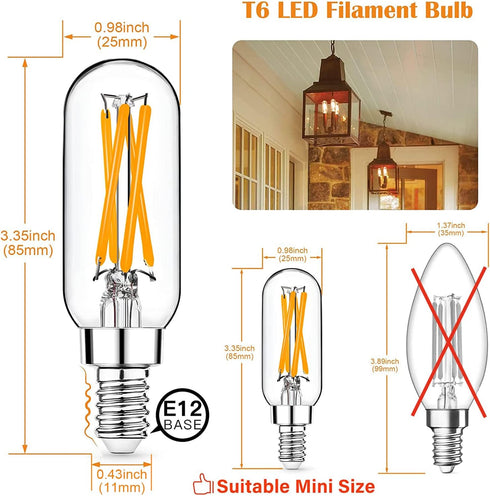 Mlambert 12 Pack Dimmable T6 LED Bulbs,4W Equal 40W e12 Candelabra Bulb 2200K,Clear 4W E12 Edison Bulb for Chandelier,Light Bulb E12 Candelabra Bu...