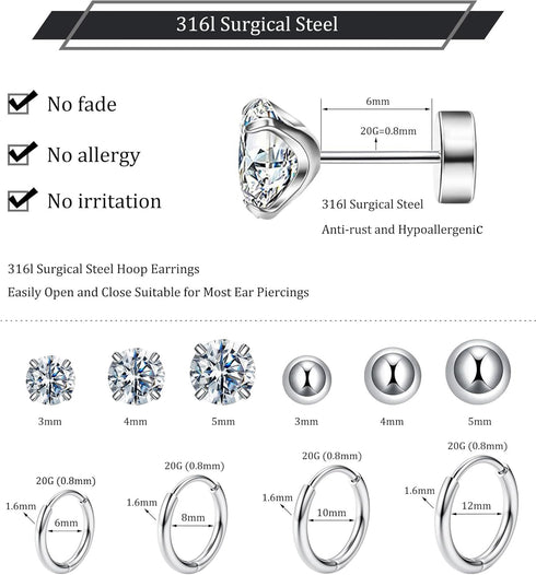 10 Pairs Surgical Steel Earrings Sets for Multiple Piercing, Lightweight Small Huggie Hoop Earrings, Flat Back Tiny Ball CZ Stud Earrings for Cart...