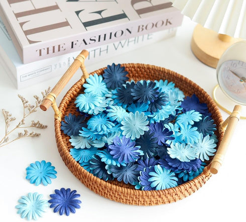 100 Pcs Handmade Mulberry Paper Daisy Petals 40x40mm Mulberry Paper Daisy Flowers Scrapbooking Wedding DIY Craft Supplies Card (Blue Tone)...