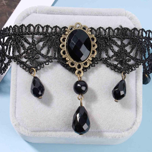 Boho Crystal Lace Choker Necklace Black Teardrop Necklace Choker Gothic Droplet Crystal Collar Necklace Retro Vintage 90s Necklace Chain Jewelry f...