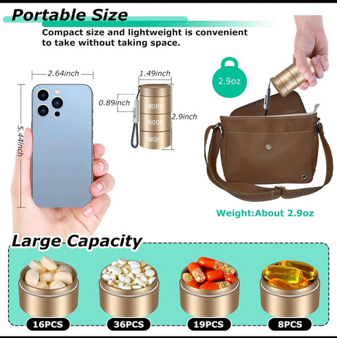 Aluminum Alloy Waterproof Pill Organizer 3 times a day,Moisture Proof Metal Pill Case,Small Daily Pill Holder for Purse,Portable Travel Pill box C...