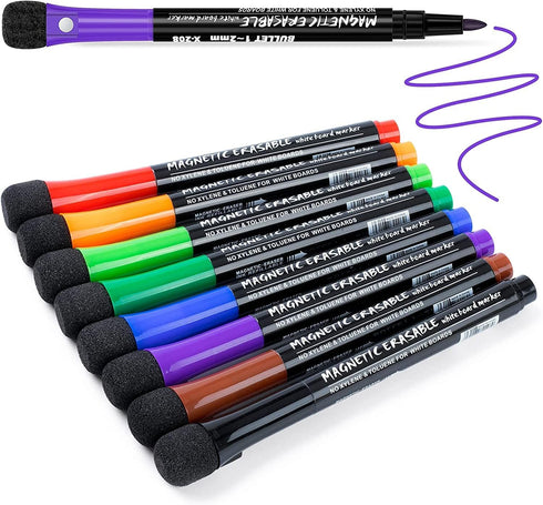 Fine Tip Dry Erase Markers 8 Pack, Magnetic Dry Erase Markers With Eraser, Skinny Low Odor White Board Marker Pens Bullet Tip Fine Point Thin Dry ...