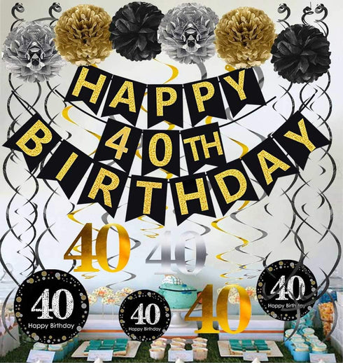 Black & Gold Glittery Happy 40th Birthday Banner,Poms,Sparkling 40 Hanging Swirls Kit for 40th Birthday Party 40th Anniversary Decorations...