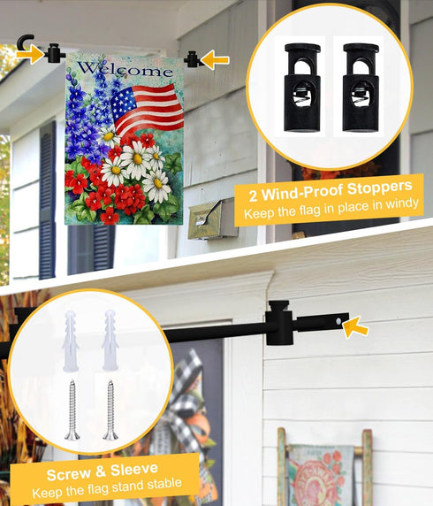 Wall Garden Flag Stand Holder Pole with 2 Stoppers for 12 x 18 Outside Small Flags Décor, One Piece Wall Mounted Metal Garden Flag Scroll Hanger f...