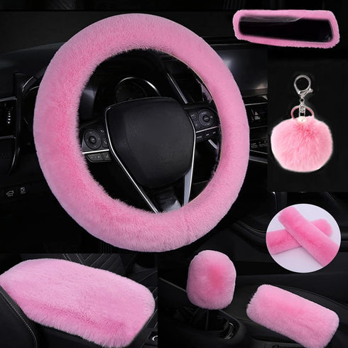 Cute Fluffy Steering Wheel Cover Set, Warm Soft Fur Fuzzy Steering Wheel Covers for Women/Girls,Universal 15 Inch 1 Set 8 Pcs Furry Car Accessorie...