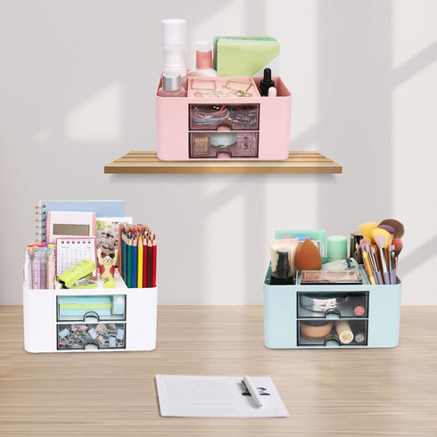 Plastic Pen Organizer, Multifunctional Desk Organizer with 2 Drawers, 4 Compartments & a Top Tray, Pencil Holder Desktop Organizers and Accessorie...