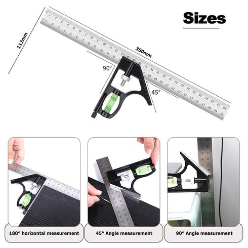 12" Metric Combination Square Ruler for Electricians and Carpenters, 45-90 Degree Marking Square, Bubble Level, Square Tool, Woodworking Square, C...