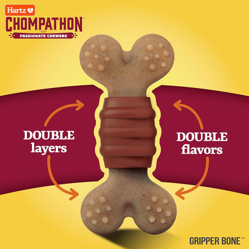 Hartz New Chompathon Gripper Bone Dog Chew Toy for Aggressive Chewers, Double Layered Flavored with Chicken & Bacon...