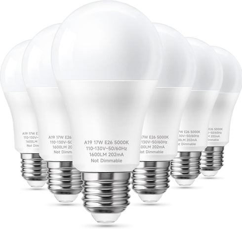 17W LED Bulb 150 Watt Equivalent, A19 1600 Lumen Super Bright LED Light Bulbs, Daylight White 5000K, E26 Edison Screw Bulb, Non-Dimmable, 6 Pack...