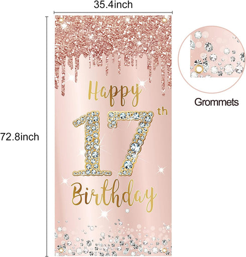 Happy 17th Birthday Door Banner Decorations for Girls, Pink Rose Gold 17 Birthday Door Cover Backdrop Party Supplies, Large Seventeen Year Old Bir...