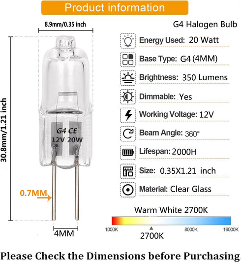 G4 Halogen Light Bulb , T3 JC Type Clear 20W 12V AC/DC Bi-Pin Bulb for Landscape Lighting,Accent Lights, Track Lighting,Under Cabinet Puck Light, ...
