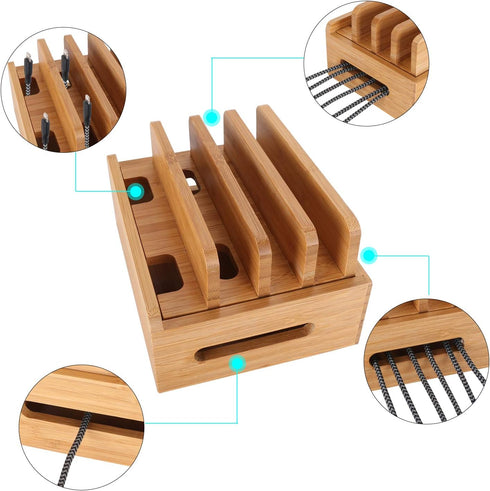 Bamboo Wood Multi-Device Desktop Dock Station Charger Holder Charging Cradle Charge Stand Compatible for iPhone 13 12 11 Pro Max XS XR X 8 7 Plus ...