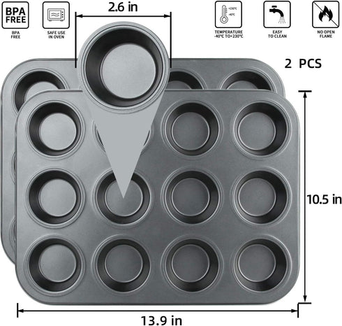 Muffin Pan, 12 Cupcake Pan, 2 Sets of Nonstick Brownie Bakeware Muffin Tin, Cupcake Tray, Baking Pan for Kitchen Oven, Black 13.9 x 10.5 x 1.2 inc...