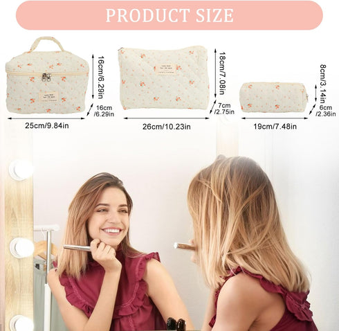 3Pcs Floral Quilted Makeup Bag, Aesthetic Makeup Bag Coquette Makeup Bag Set, Large Capacity Travel Cosmetic Bags for Women Girls (Flowers)...