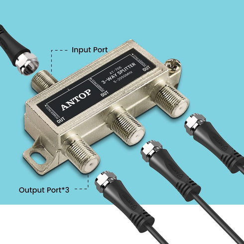 ANTOP 3-Way Coaxial Cable Splitter 2GHz- 5-2050MHz Worked with Satellite, HDTV, Antenna Signal- All Port Power DC Power Passing, Silver Plated and...