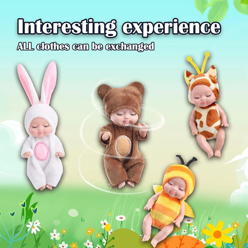 4 Inch Mini Baby Dolls Toys 6 Pcs Gift Set, Cute Baby Dolls Toys with Interchangeable Animal Clothes, Mini Reborn Baby Dolls Gifts for Boys and Gi...