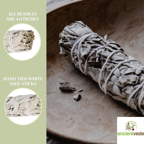 Ancient VEDA 4 Inch White Sage Smudge Sticks Bulk with Starter Guide (6 Pack) Smudge Sticks Sage for Cleansing House | White Sage for Smudging and...