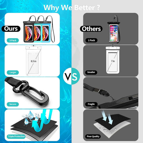newppon Waterproof Cell Phone Pouch : 3 Pack Underwater Dry Bag Case Lanyard - Water Proof Clear Holder Protector for iPhone 15 14 13 Pro Max Plus...